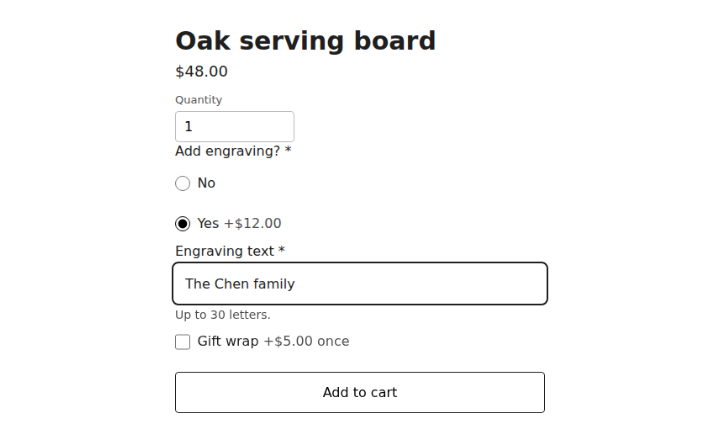 A product page with custom fields: an engraving option for $12 with the engraving text, and gift wrap for $5
