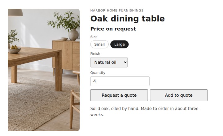 An oak dining table with Price on request, size and finish options, and Request a quote and Add to quote buttons