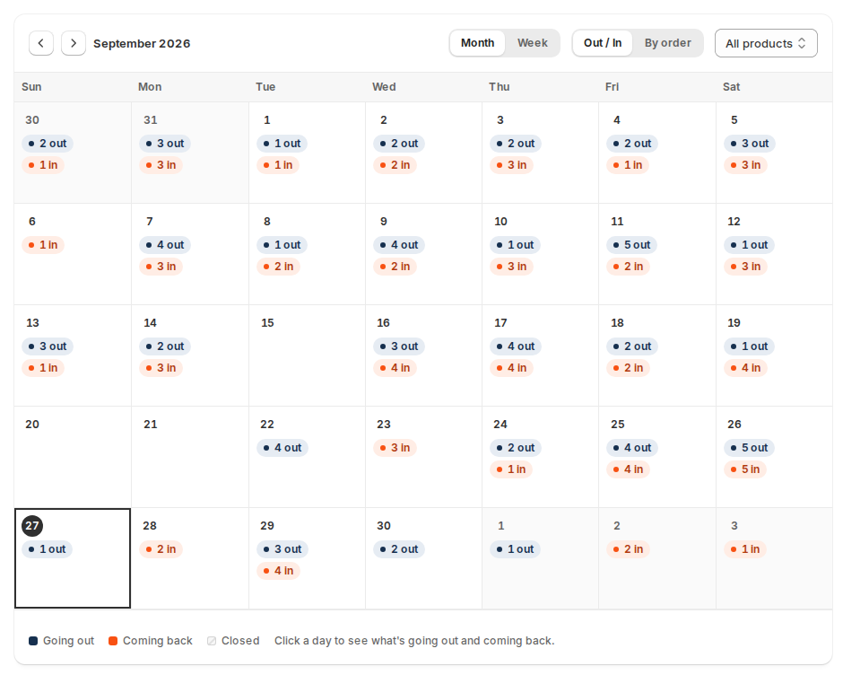 The bookings calendar for September 2026, with the number of units going out and coming back on each day