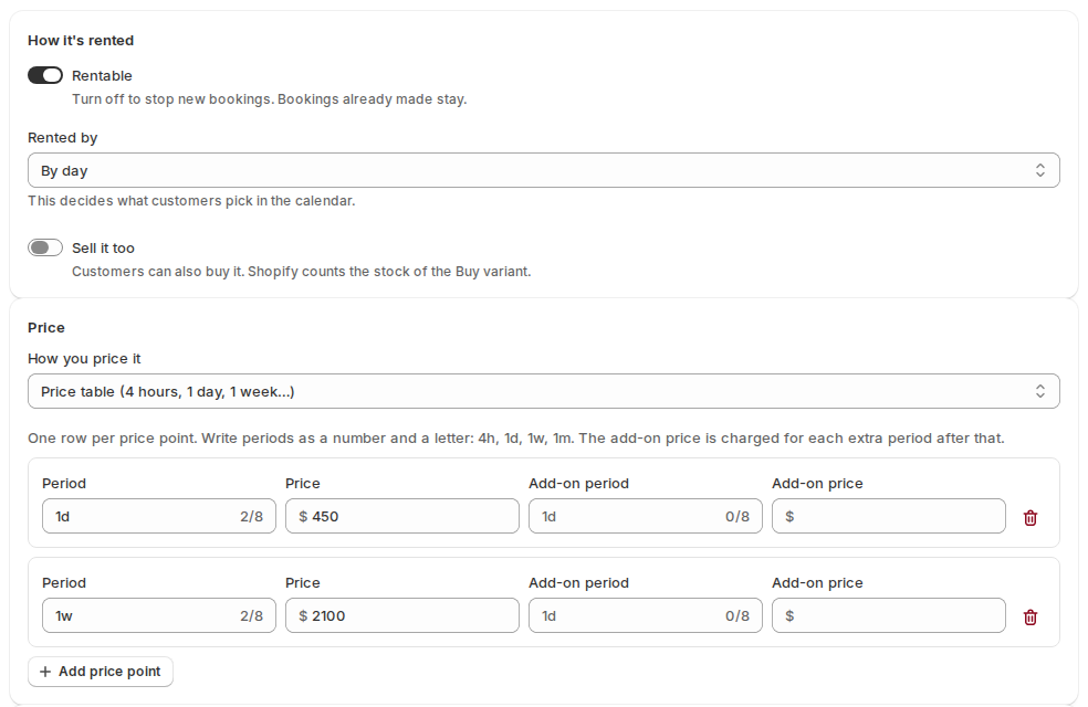 Rental settings for a party tent: rentable, rented by day, with a price table of $450 a day and $2,100 a week