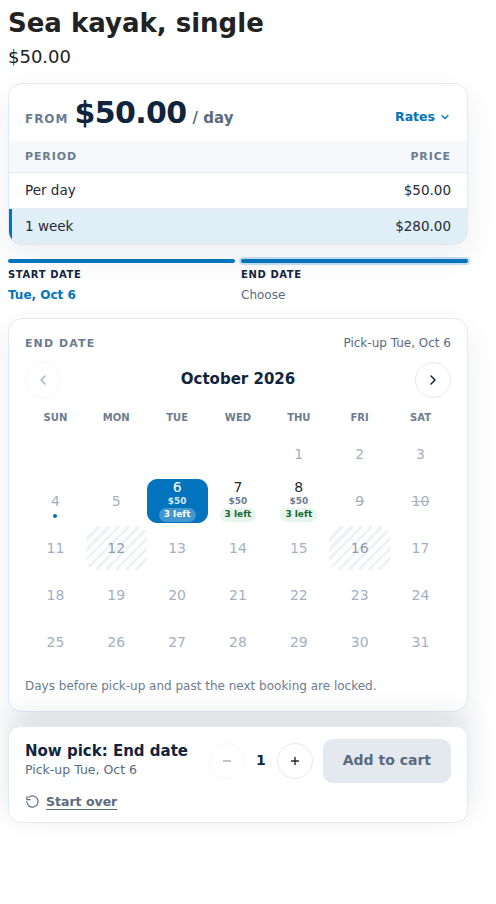 The rental calendar on a phone: a start date picked in October, with the price and the units left under each day