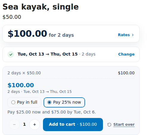The rental card offering Pay in full or Pay 25% now: $25 now and $75 by October 6
