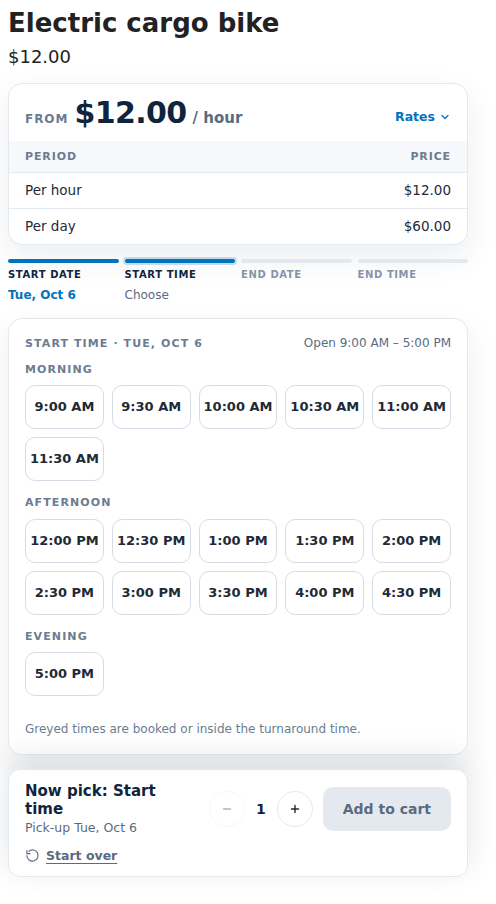Picking a start time for an electric cargo bike rented by the hour, with morning, afternoon and evening time slots