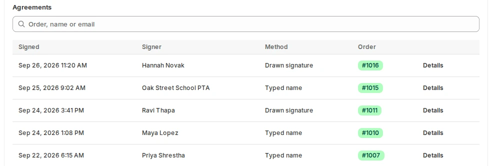 A list of signed rental agreements with the date signed, the signer, typed name or drawn signature, and the order number