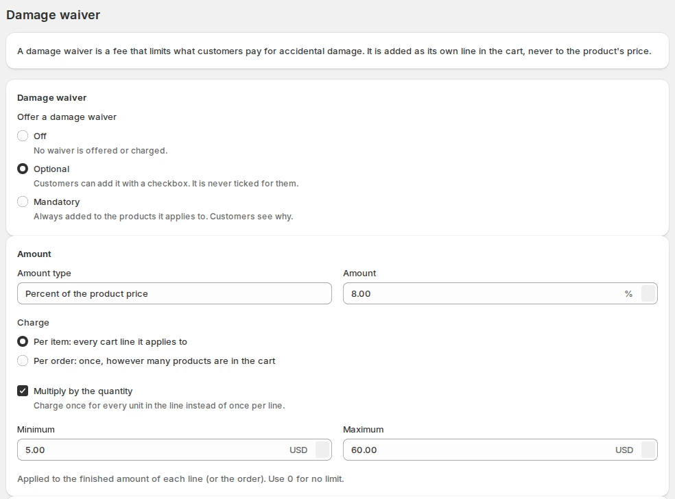 Damage waiver settings: an optional waiver of 8% of the product price per item, multiplied by the quantity, with a $5 minimum and a $60 maximum
