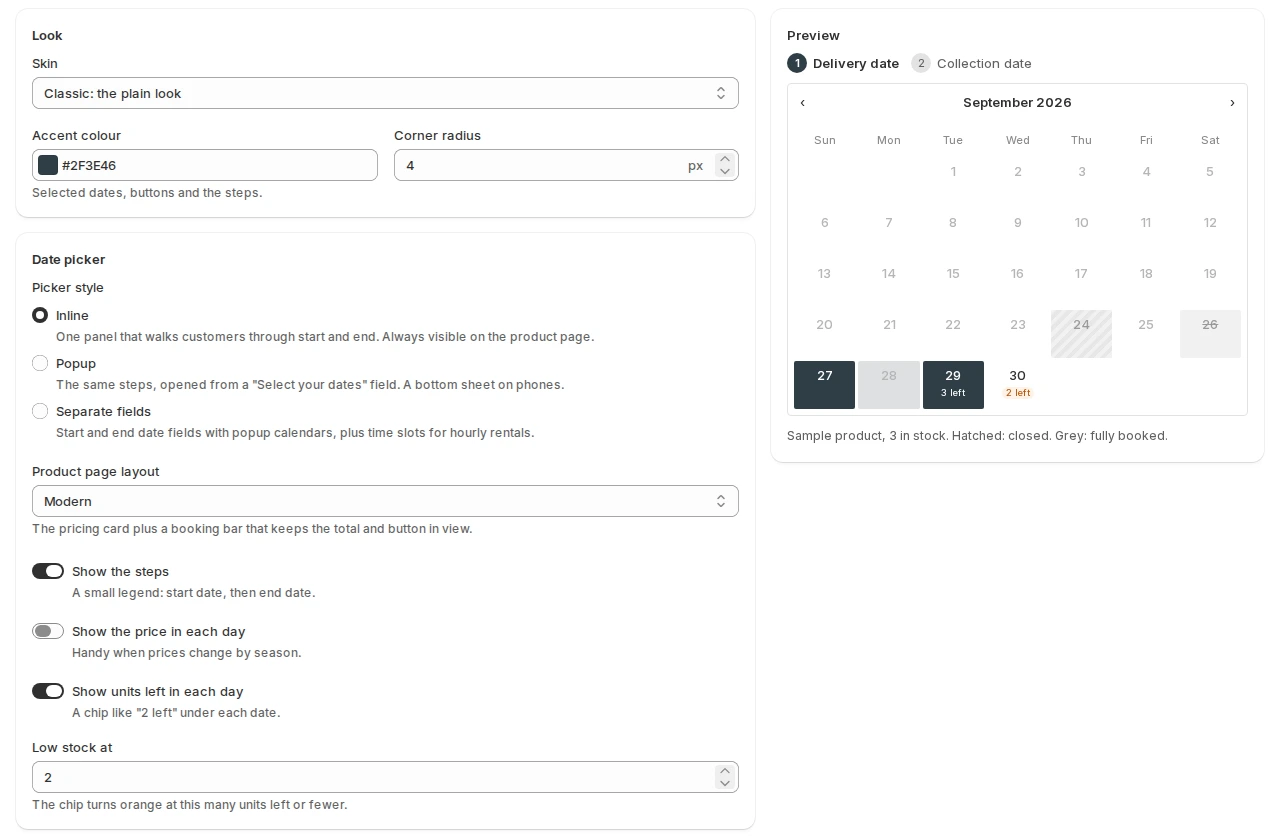 Calendar and styler settings: skin, accent colour, picker style, product page layout and units-left chips, with a live preview of the calendar
