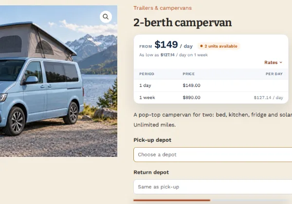 A 2-berth campervan product page on the trailer rental demo, with daily and weekly rates and pick-up and return depots