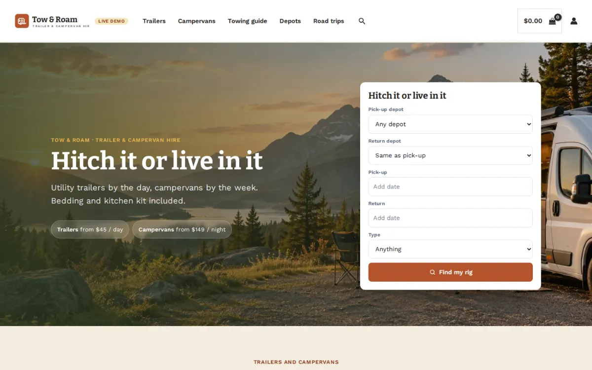 Trailer rental software on the live demo: the Tow & Roam homepage with a pick-up depot and return depot search for trailers and campervans
