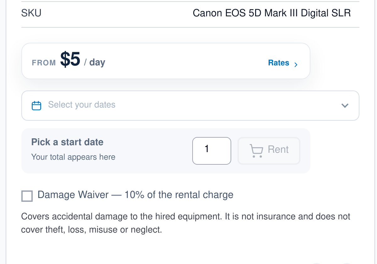 Damage waiver checkbox on a Magento 2 rental product page