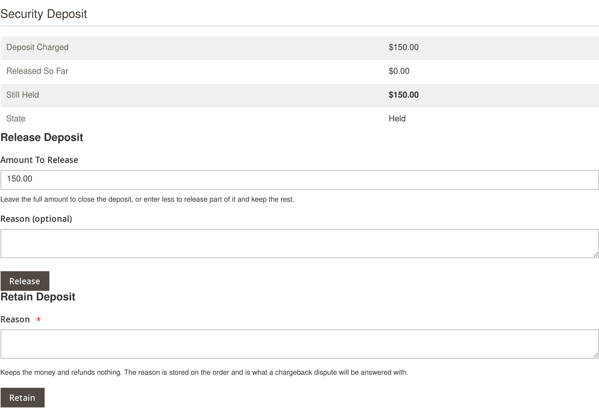 Security Deposit panel on a Magento 2 admin order, with Release and Retain