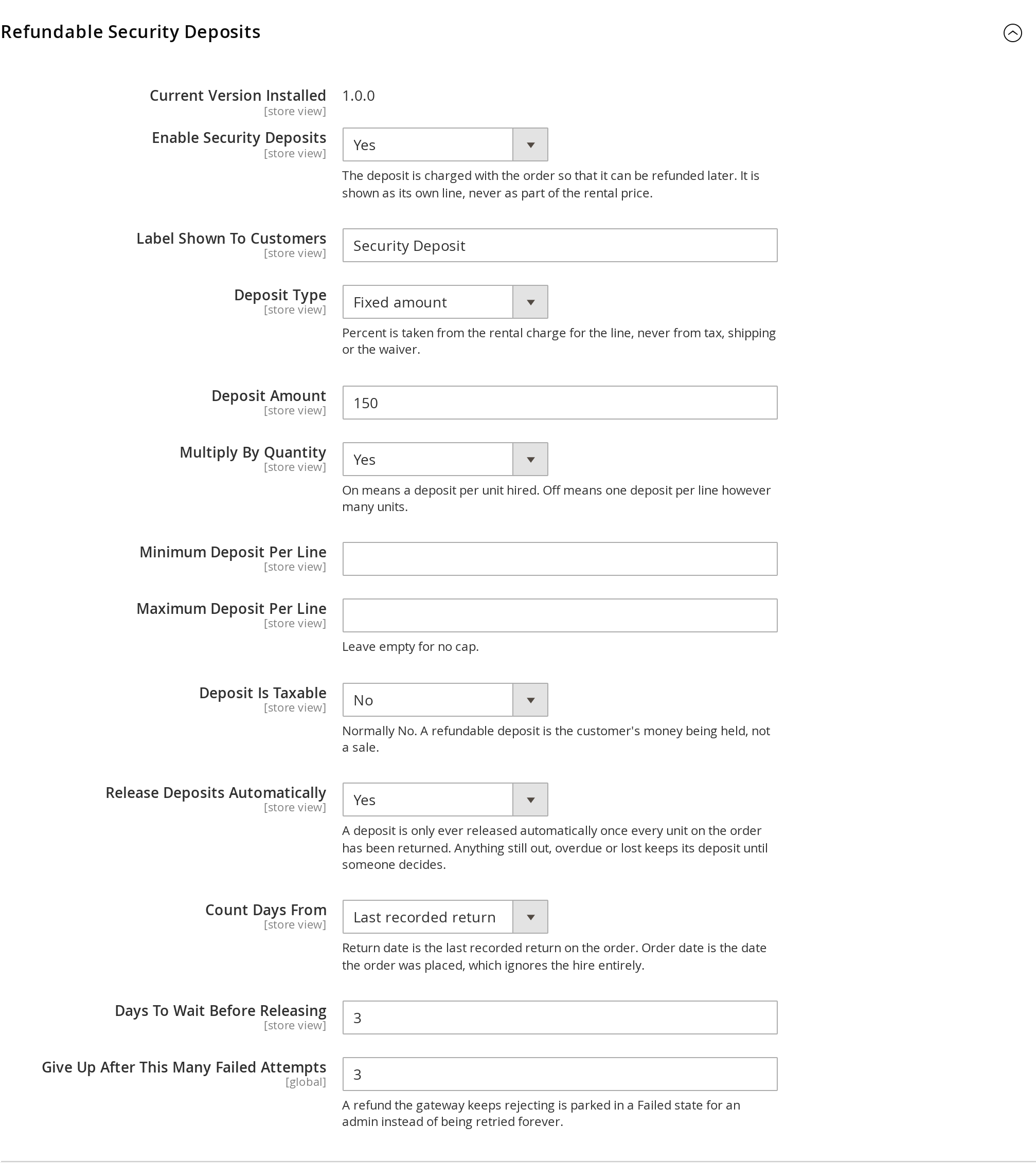 Refundable Security Deposits settings in the Magento 2 rental extension admin