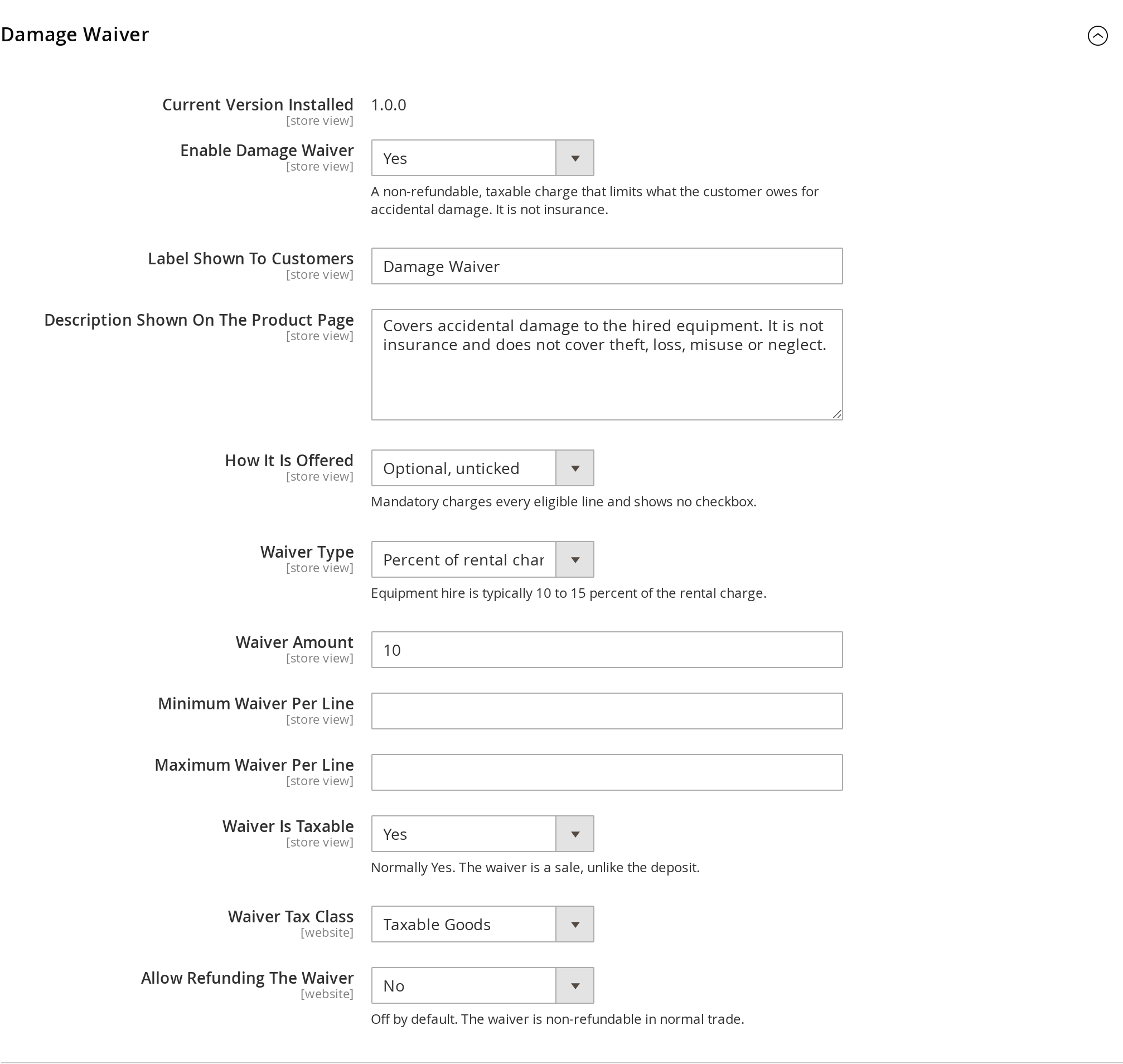 Damage Waiver settings in the Magento 2 rental extension admin