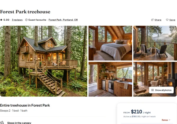 The Forest Park treehouse page on the vacation rental demo, with a photo mosaic and a rate from $210 a night