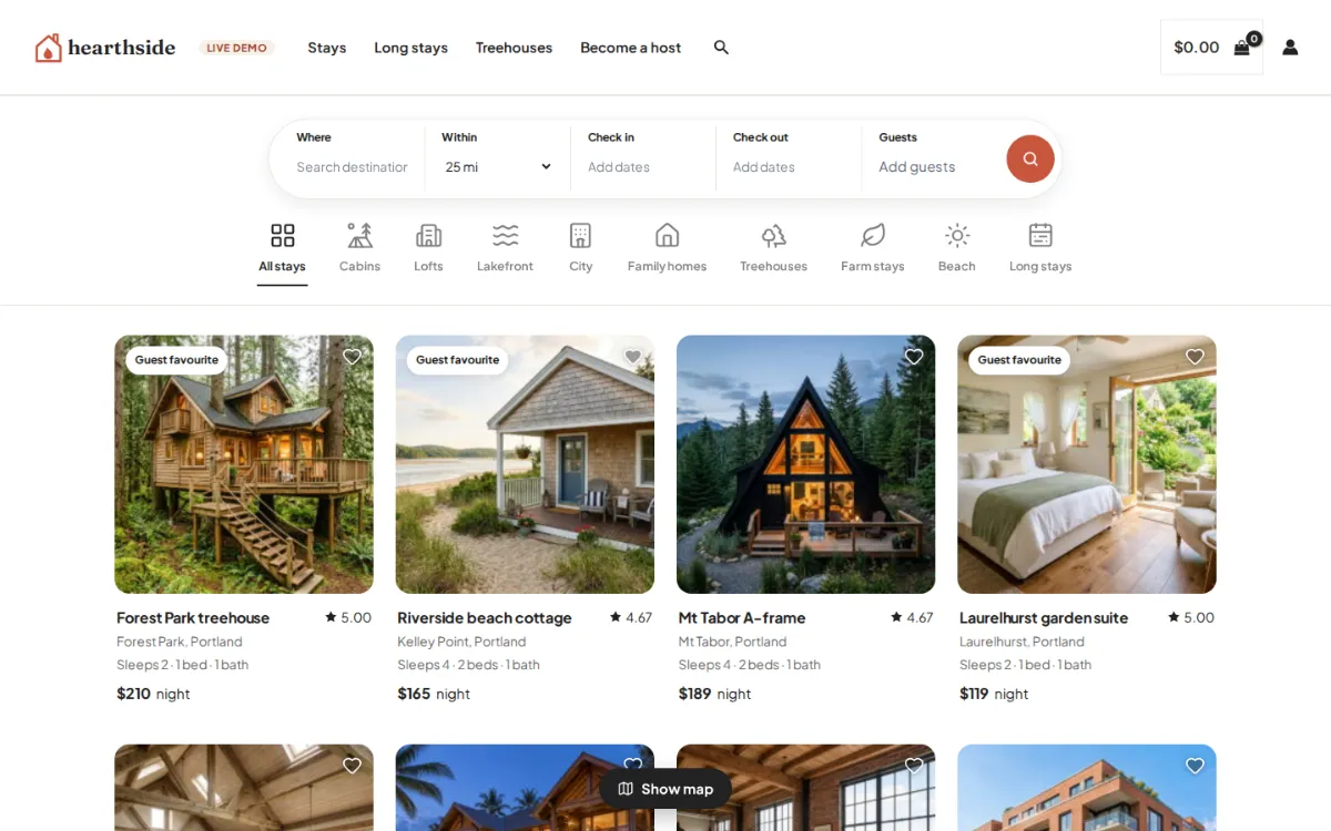 Vacation rental software on the live demo: the Hearthside Stays homepage with a Where, check-in, check-out and guests search above holiday home cards