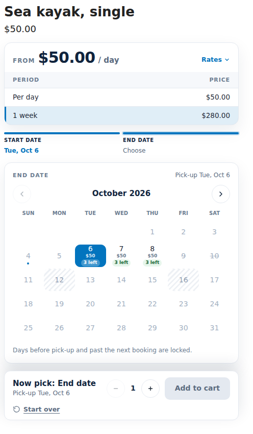 Storefront rental calendar for a sea kayak with the start date Tue Oct 6 picked, day prices of and 3 left chips under the next open days, closed days hatched and the booking bar asking for the end date