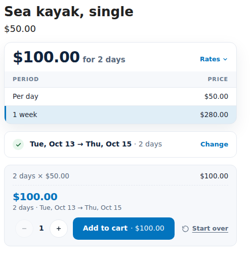 The booking bar for a sea kayak: $100 for 2 days, Tuesday October 13 to Thursday October 15, with an Add to cart button