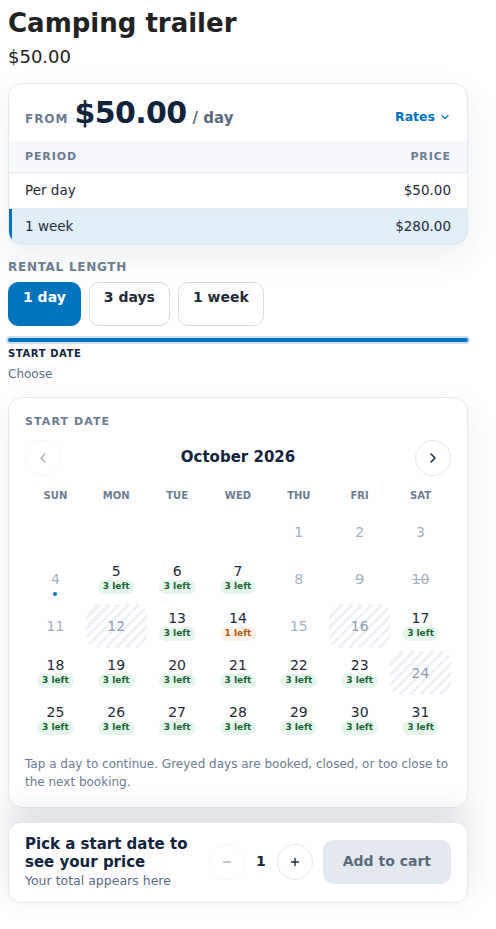 The rental calendar for a camping trailer with length buttons for 1 day, 3 days and 1 week above the dates
