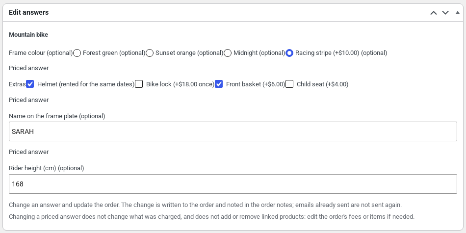 The Edit answers box on a WooCommerce order screen with the rental's frame colour, extras, name plate and rider height