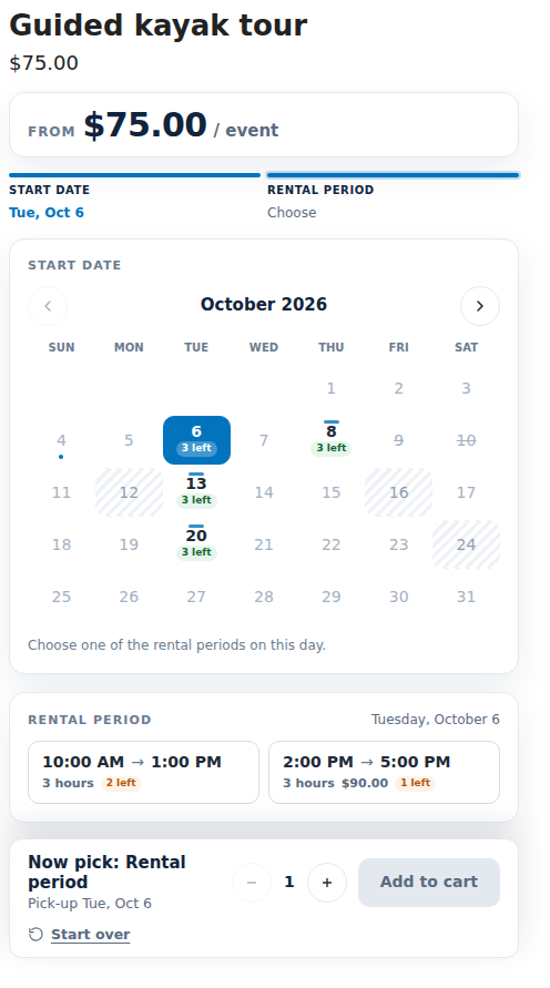 The rental calendar for a guided kayak tour: a departure day picked, with a morning and an afternoon departure and the places left