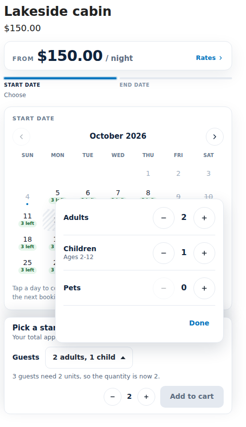 The rental calendar for a lakeside cabin with the guests window open: 2 adults, 1 child and no pets