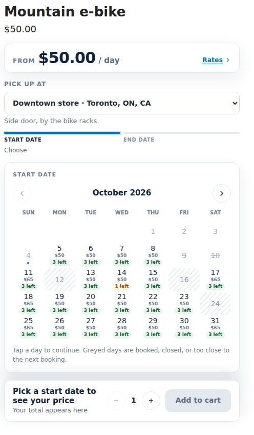 Storefront product page for a mountain e-bike with a Pick up at drop-down set to Downtown store, Toronto, the pick-up instructions Side door, by the bike racks, and the calendar underneath