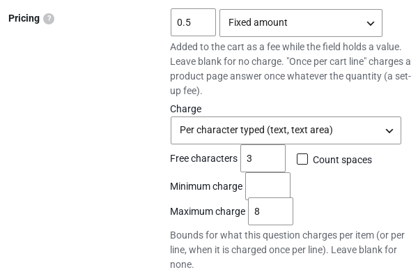 The Pricing setting of a WooCommerce custom field set to per character typed with 3 free characters and a maximum charge