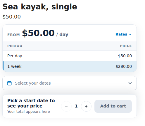 Storefront product page for a sea kayak with the popup picker style: a Select your dates field under the pricing card and a booking bar asking customers to pick a start date