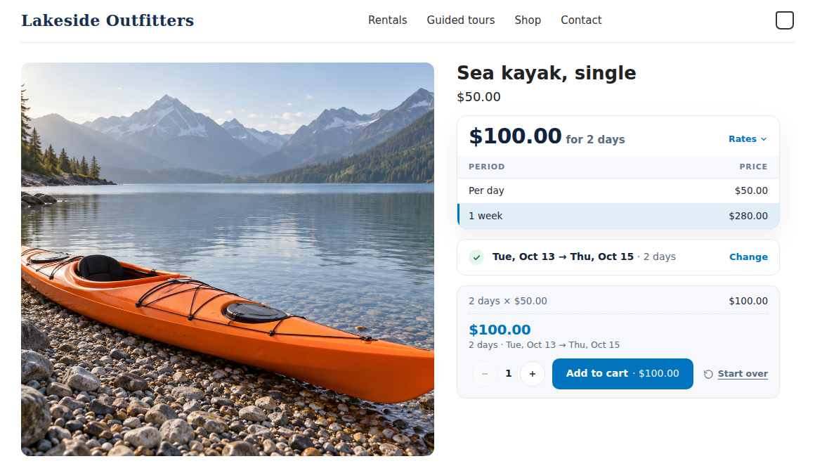 A rental product page for a sea kayak with the price card, the dates Tue Oct 13 to Thu Oct 15 picked, the price for 2 days and Add to cart