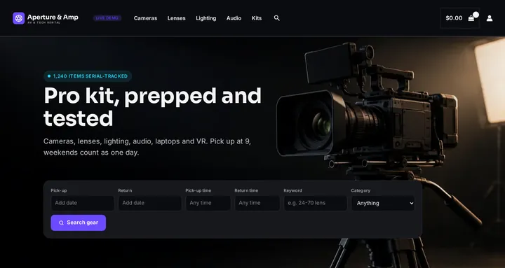 AV & Camera Rental theme on the live demo: the dark Aperture & Amp homepage with a keyword and date search