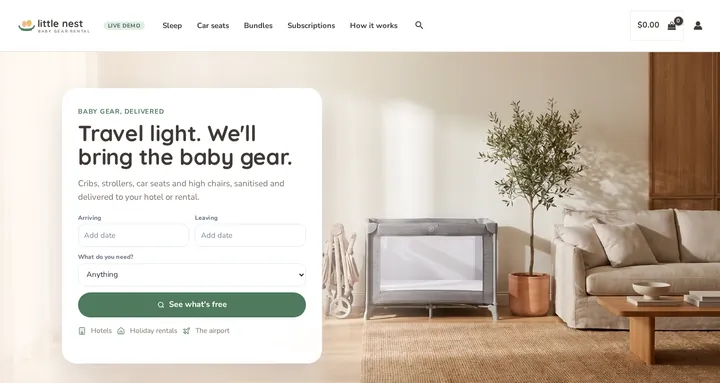 Baby Gear Rental theme on the live demo: the Little Nest homepage with an arriving and leaving date search