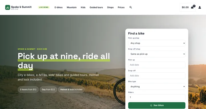 Bike Rentals theme on the live demo: the Spoke & Summit homepage with a pick-up shop, drop-off shop and riders search
