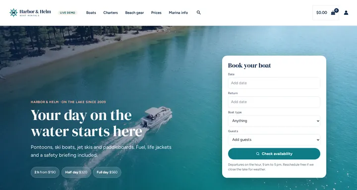 Boat Rentals theme on the live demo: the Harbor & Helm homepage with a lake photo and a Book your boat search card