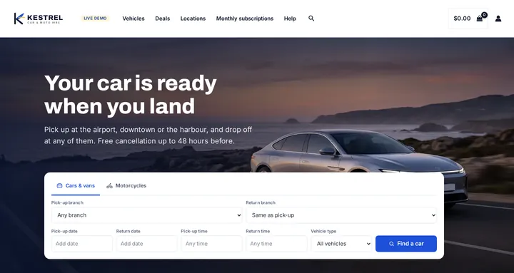 Car & Motorcycle Hire theme on the live demo: the Kestrel homepage with a pick-up branch and return branch search