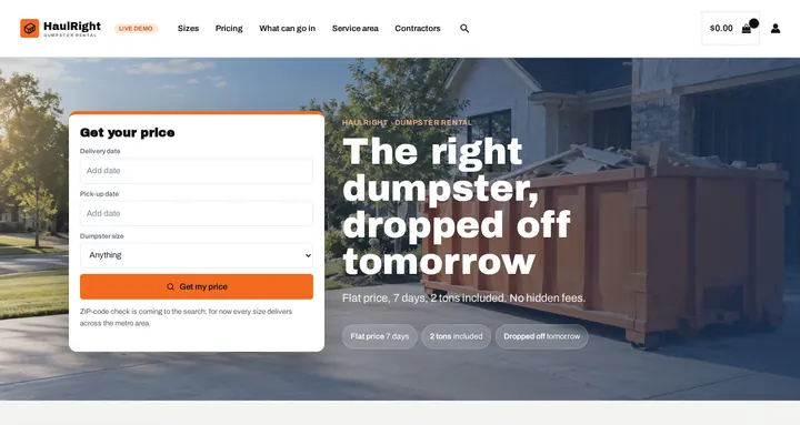 Dumpster Rental theme on the live demo: the HaulRight homepage with a delivery date, pick-up date and dumpster size search