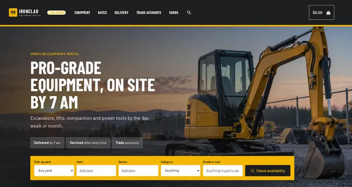 Equipment Rental theme on the live demo: the Ironclad homepage with a pick-up yard, dates, category and model search