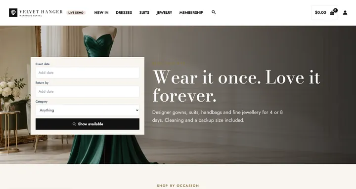 Dress & Wardrobe Rental theme on the live demo: the Velvet Hanger homepage with an event date and return-by search