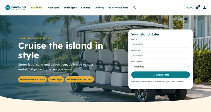 Golf Cart & Beach Rentals theme on the live demo: the Sandpiper homepage with an arrival, departure and cart search