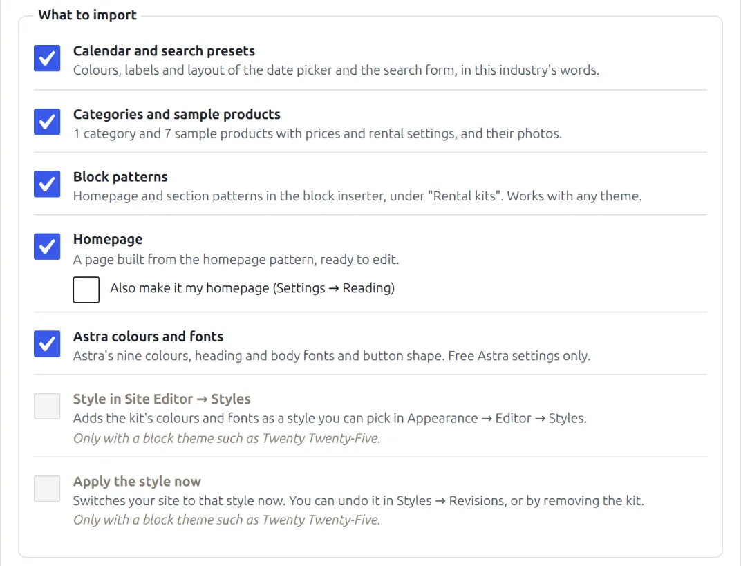 Rentals, Setup, Industry kits: the What to import list with calendar and search presets, sample products, block patterns, homepage and Astra colours and fonts ticked