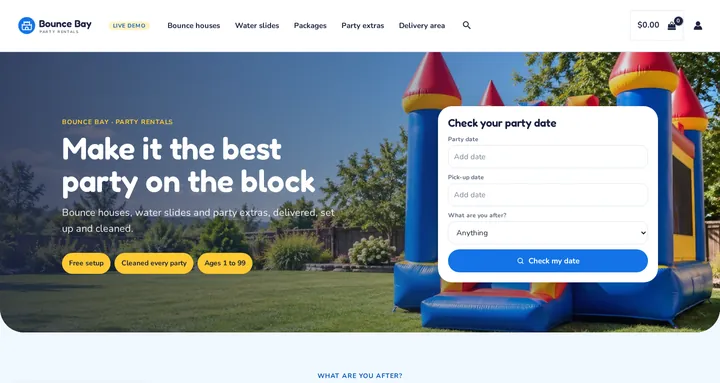Bounce House Rentals theme on the live demo: the Bounce Bay homepage with a Check your party date search card