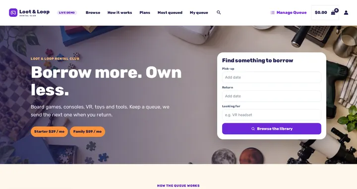 Library of Things theme on the live demo: the Loot & Loop homepage with membership plans and a Find something to borrow search