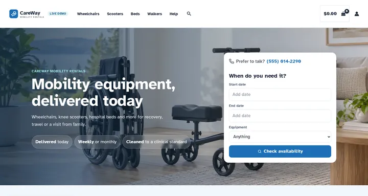 Mobility Equipment Rental theme on the live demo: the CareWay homepage with large type and a start and end date search