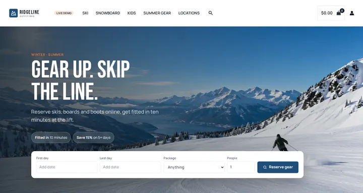 Ski & Outdoor Gear Rental theme on the live demo: the Ridgeline homepage with a first day, last day, package and people search
