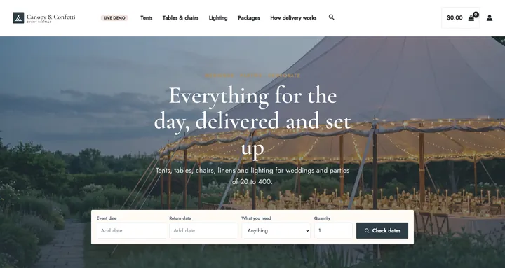 Party & Event Rentals theme on the live demo: the Canopy & Confetti homepage with an event date, what you need and quantity search