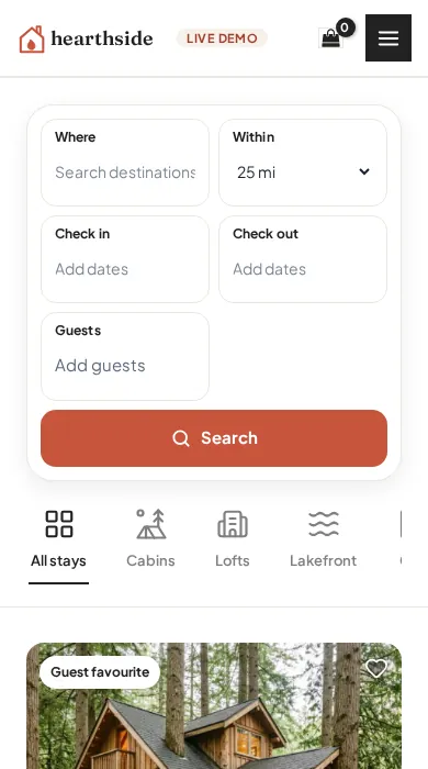 Vacation Stays theme on a phone: a Where, check-in, check-out and guests search