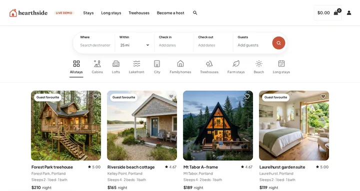 Vacation Stays theme on the live demo: the Hearthside homepage with a Where, check-in, check-out and guests search above holiday home cards