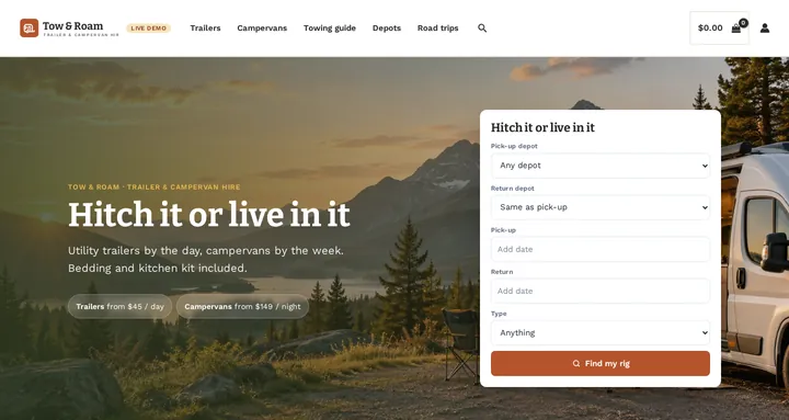 Trailer & Campervan Hire theme on the live demo: the Tow & Roam homepage with a pick-up depot and return depot search