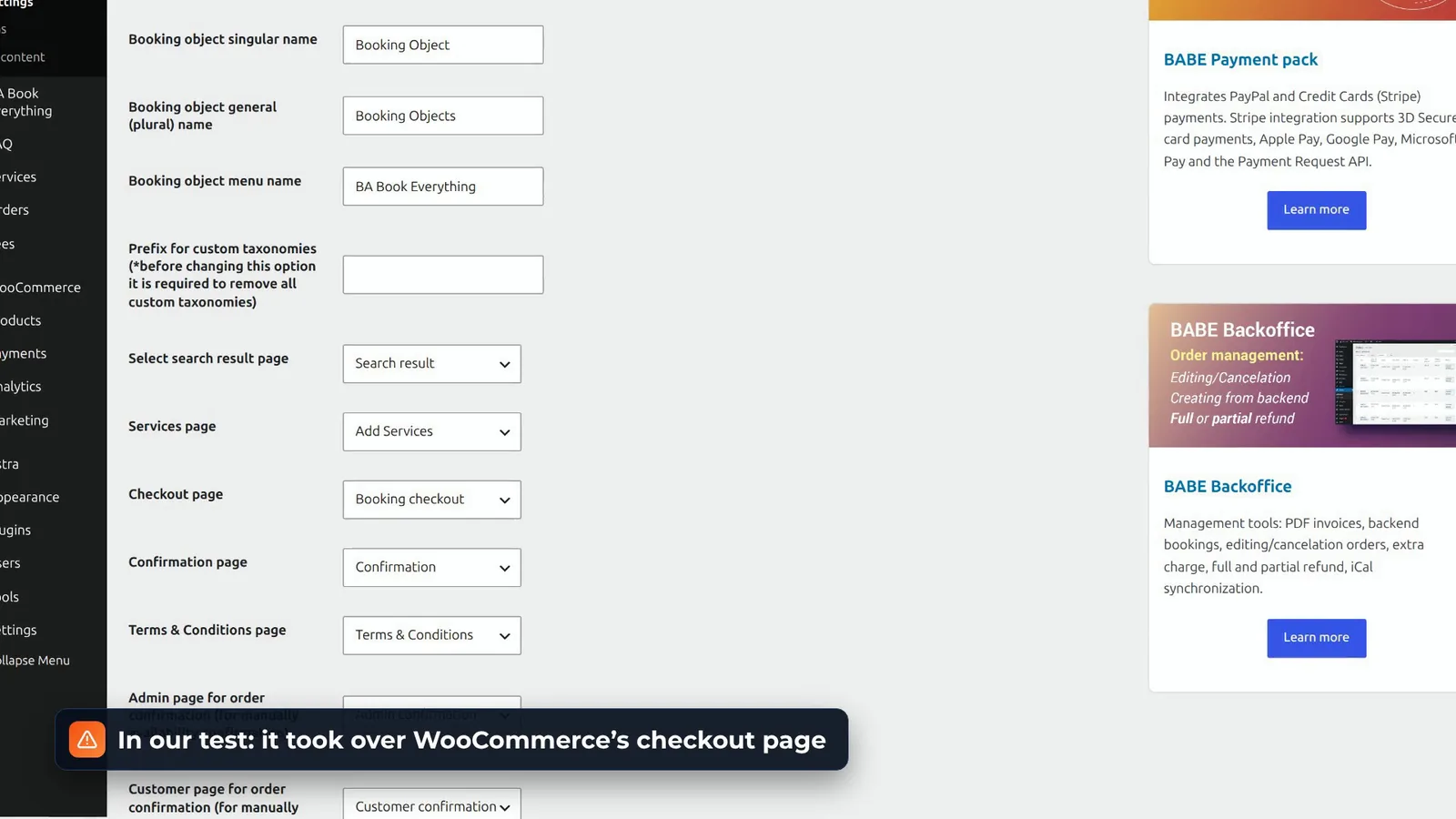 BA Book Everything settings with the checkout page selector and the BABE Payment pack and Backoffice add-ons