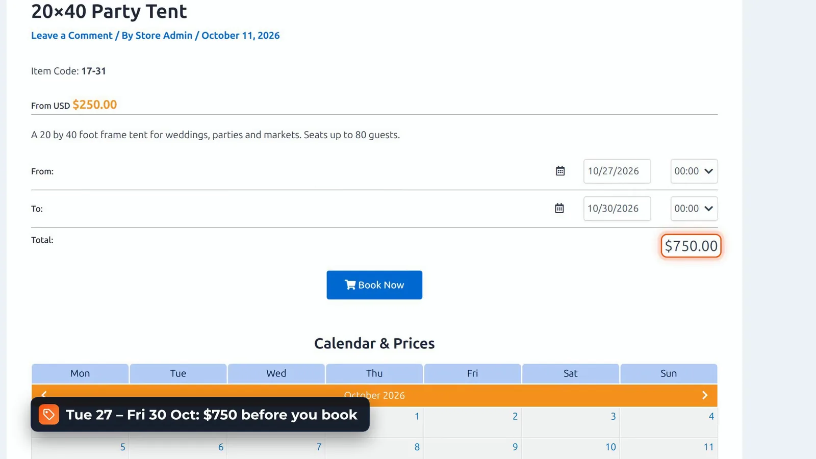 BA Book Everything tent page with a total of 0.00 for 27 to 30 October and a Calendar & Prices table