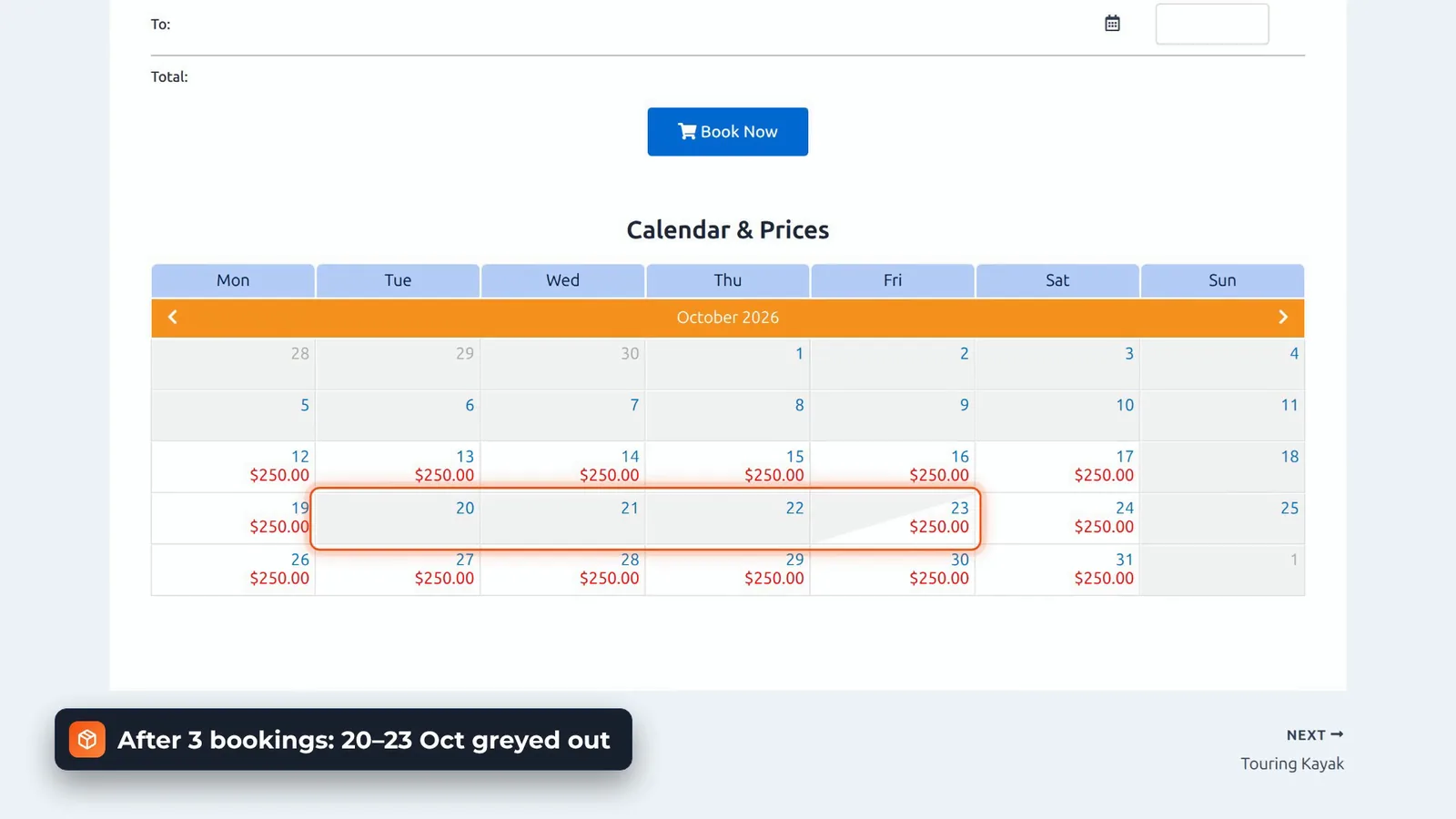 BA Book Everything Calendar & Prices table with 20 to 23 October greyed out and without a price after three bookings