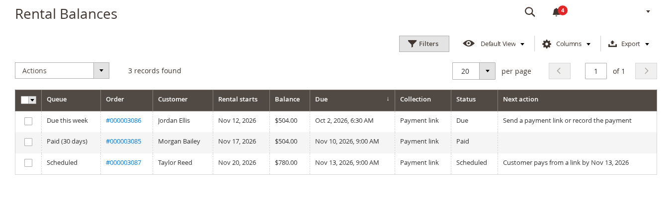 The Rental Balances grid listing three booking balances with queue, order, customer, rental start, balance, due date, collection, status and next action columns
